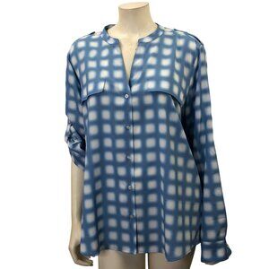 Calvin Klein Checkered Button-Up Blouse Womens Lightweight Roll-Tab Sleeves XL N
